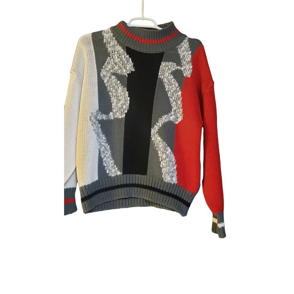 Vintage DEB Sweater 1980's Womens Gray Red White Color Block Retro Preppy Sz M‎
